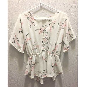 White Floral Print V Neck Blouse